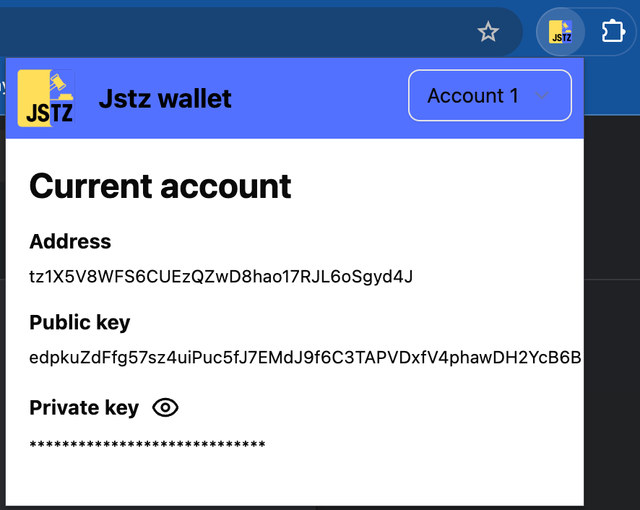 The development wallet showing a new account